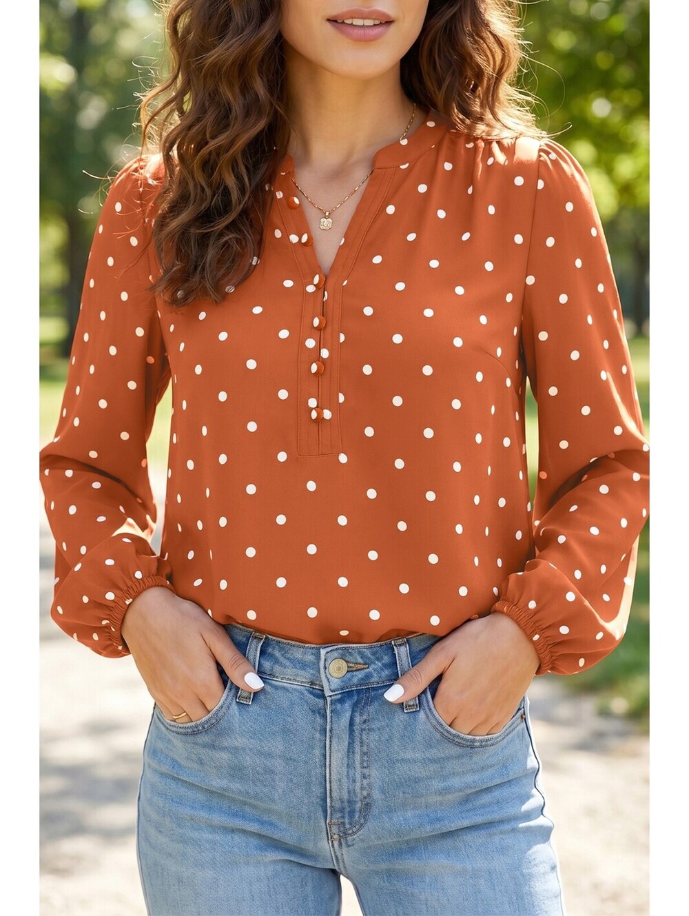 Women's Long Sleeve Polka Dot Blouse in Rust Orange